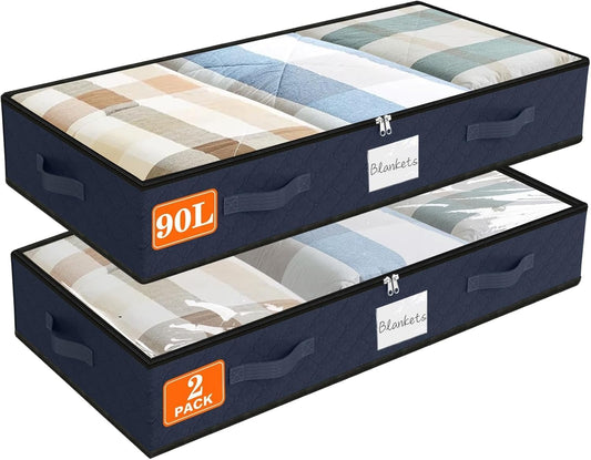 SpaceWhisper 90L Under Bed Storage Containers, 2-Pack Storage Bins with Clear Top, Foldable Closet Organizers and Storage with Label Holder for Clothing, Blankets, Comforter & Pillows(Blue)