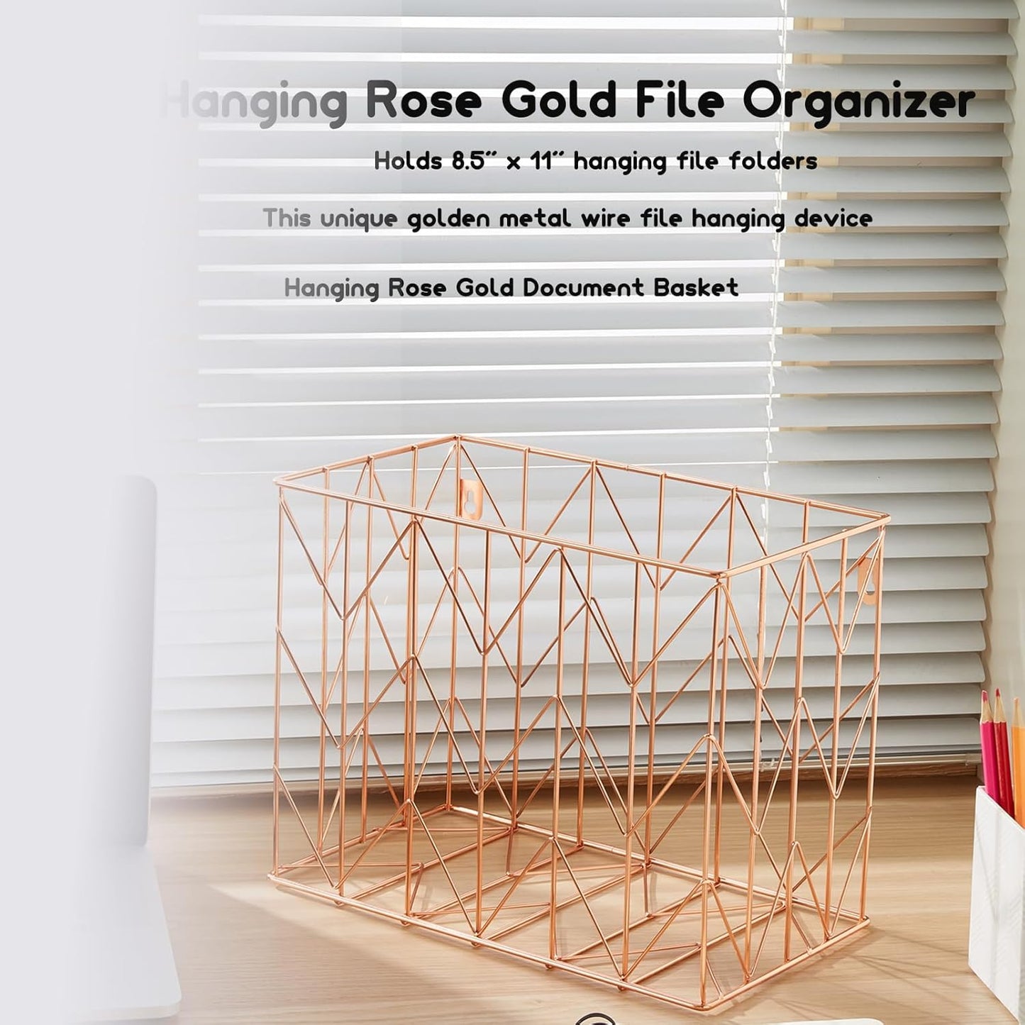 1 Pack Metal Hanging Rose Gold File Organizer, Basket, Box, Storage Box, Office and School Supplies Organizer