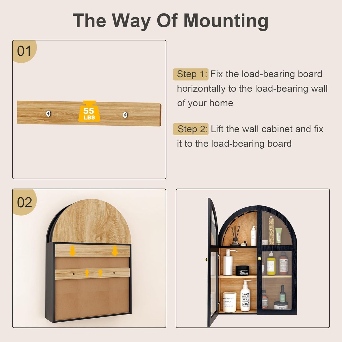 Arched Bathroom Wall Cabinet, Arch Medicine Cabinet Wall Mounted with Acrylic Doors, Wall Over The Toilet Storage Cabinet with Adjustable Shelves for Laundry Room, Kitchen (Black)