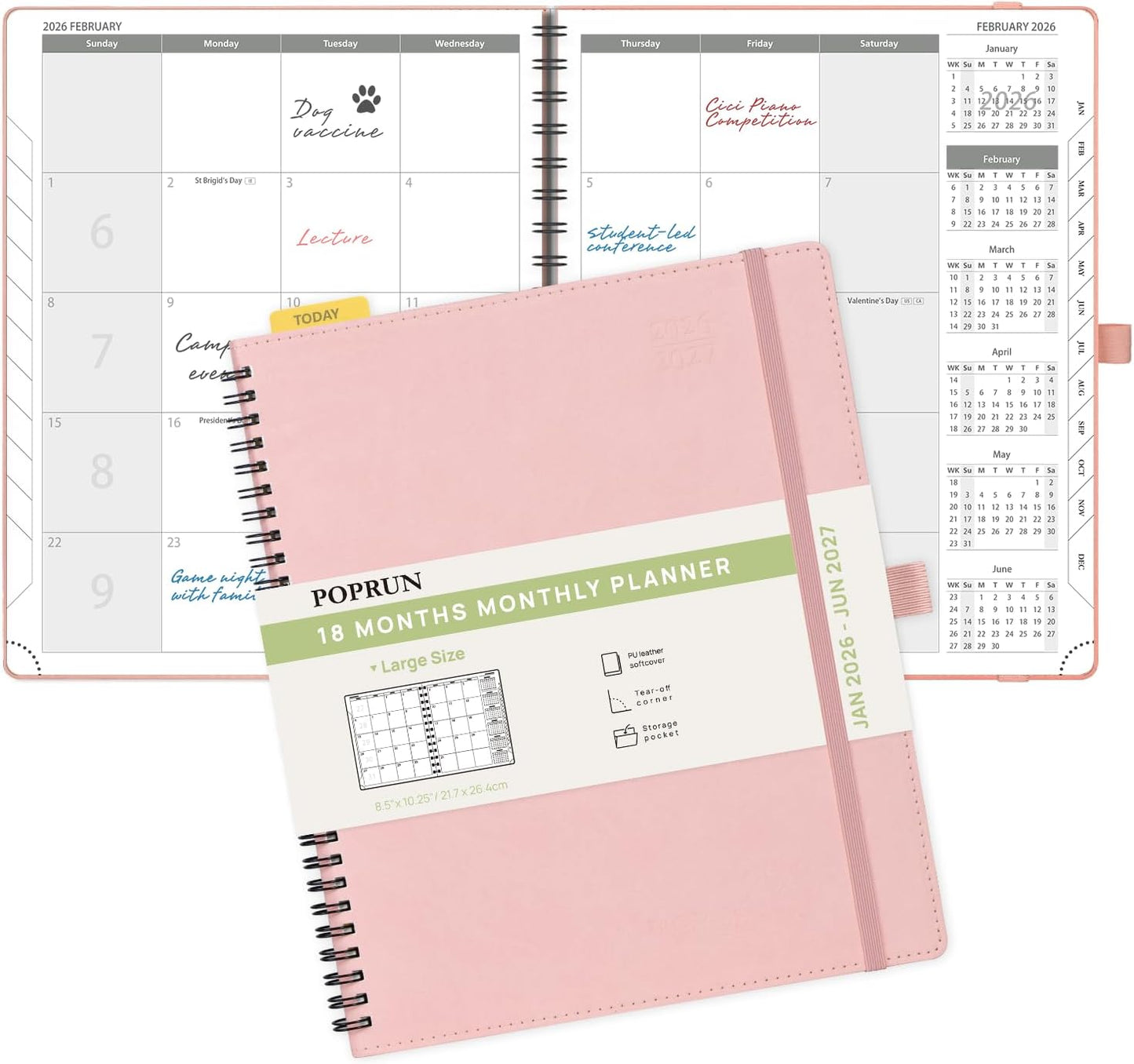 POPRUN Monthly Planner 2026-2027 (Large 8.5" x 10.5") 18 Months Calendar (Jan 2026 - Jun 2027) - 4 Pages per Month with Expense & Notes, Stair-like tabs, Leather Cover, Sunday Starts - Pink