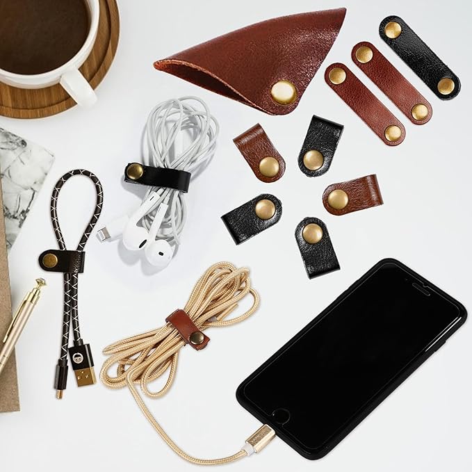 Kanemc 13Pcs Leather Cord Organizer, 3-Sizes Leather Cable Ties Cord Taco Snap On Cord Holders Cord Keepers For Travel, USB Charging Cable Strap Winder Earphone Wrap, Gifts For Women Men