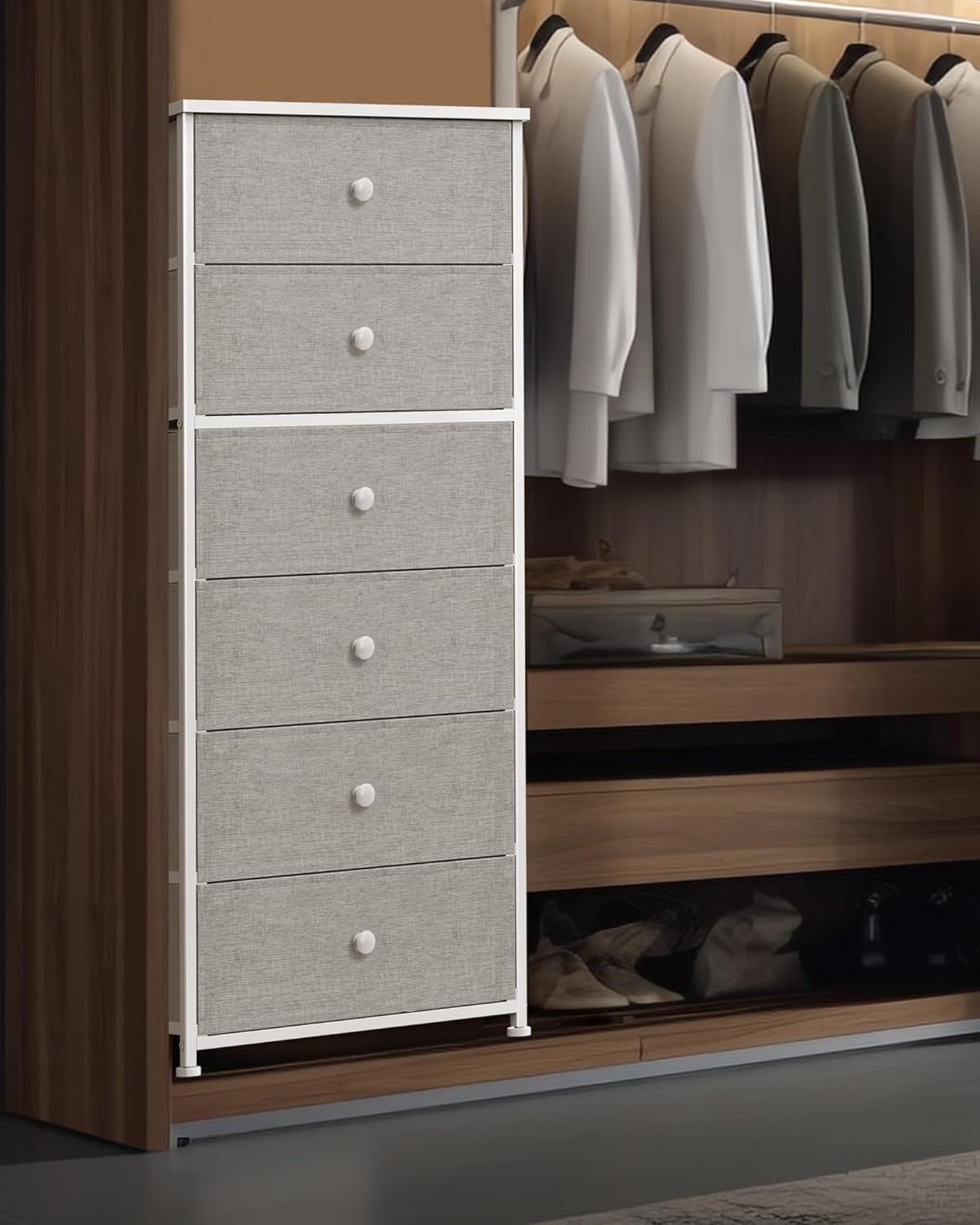 Tall Fabric Dresser for Bedroom, Vertical Storage Organizer Tower with 6 Drawers, Chest of Drawers with Bins, Steel Frame, Wood Top for Bedroom, Closet, Entryway Light Grey