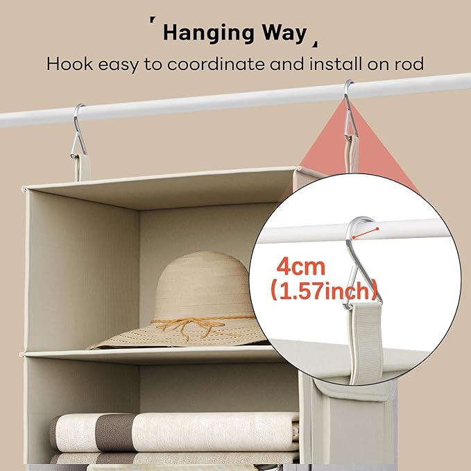 Vailando 3-Shelf Hanging Closet Organizer, Set of 2 Hanging Shelves with 2 Drawers for Wardrobe, Nursery, Baby Clothes Storage and Organization, Beige