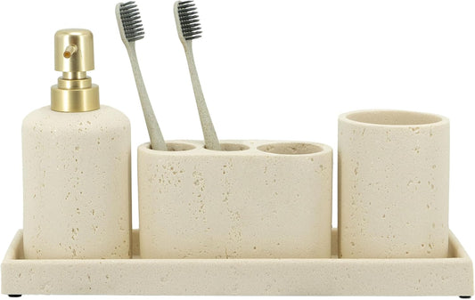 ZCCZ -Beige Bathroom Accessories Set 4 Pcs - Toothbrush Holder, Soap Dispenser, Vanity Tray, Bathroom Tumbler - Countertop Vanity Organizer - Bathroom Accessory Set- Toothbrush Holder Set, Stone Sets