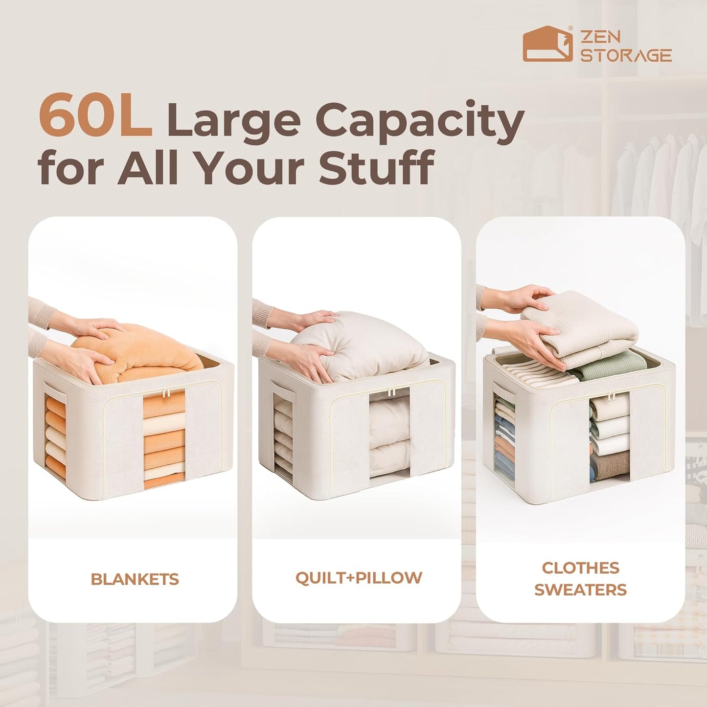 3Pack 60L Large Cloth Storage Bins with Metal Frame, Linen Storage Box with Clear Window, Stackable Sweater Storage for Closet, Clothes Containers for Comforters, Blankets, Quilts, T-shirt