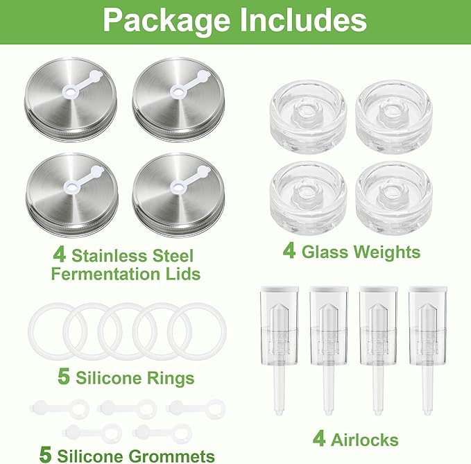 Fermentation Kit for Wide Mouth Mason fermentation Jar,pickling/sauerkraut kit with 4 Glass Fermentation Weights,4 Fermenting Lids,4 airlocks,5 Silicone Rings,5 Silicone Grommet （ No Jars ）