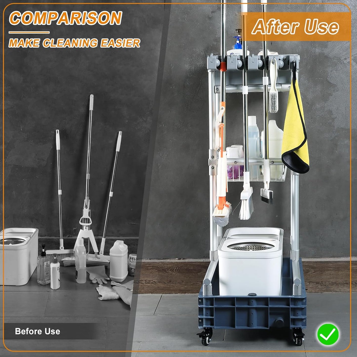 Rolling Cleaning Cart with Mop & Broom Organizer ， Convenient Storage Cart for Janitorial Supplies, Tools, and Cleaning Equipment ， Floor Cleaning Station with Wheels for Housekeeping, Garage &Garden