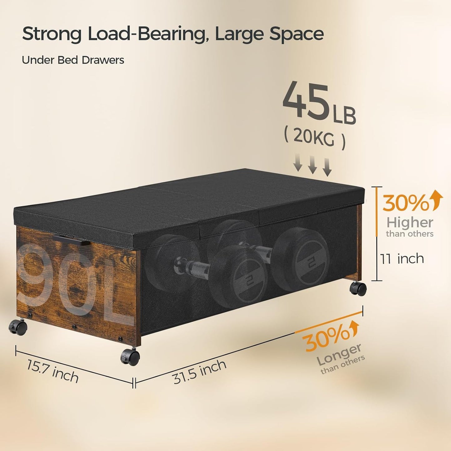 Under Bed Drawers on Wheels, XXXXL Size, UnderBed Storage with Wheels, Wooden Under Bed Storage, Heavy Duty, Patented Design