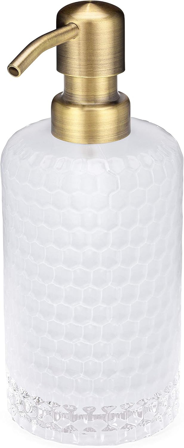 Rail19 Frosted Milk + Honey Glass Soap Dispenser | Vintage-Inspired Modern Refillable Soap & Lotion Pump Bottle for Bathroom Vanity Countertop and Kitchen, 12oz (Farmhouse Brass)