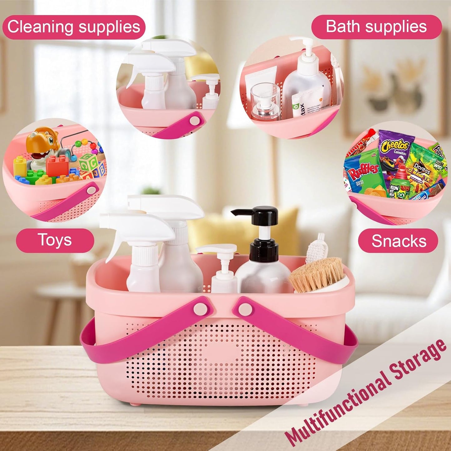 JiatuA Plastic Storage Basket with Handle Portable Shower Caddy Tote Organizer Basket Bin for Bathroom Kitchen Dorm Room Bedroom, Light Pink