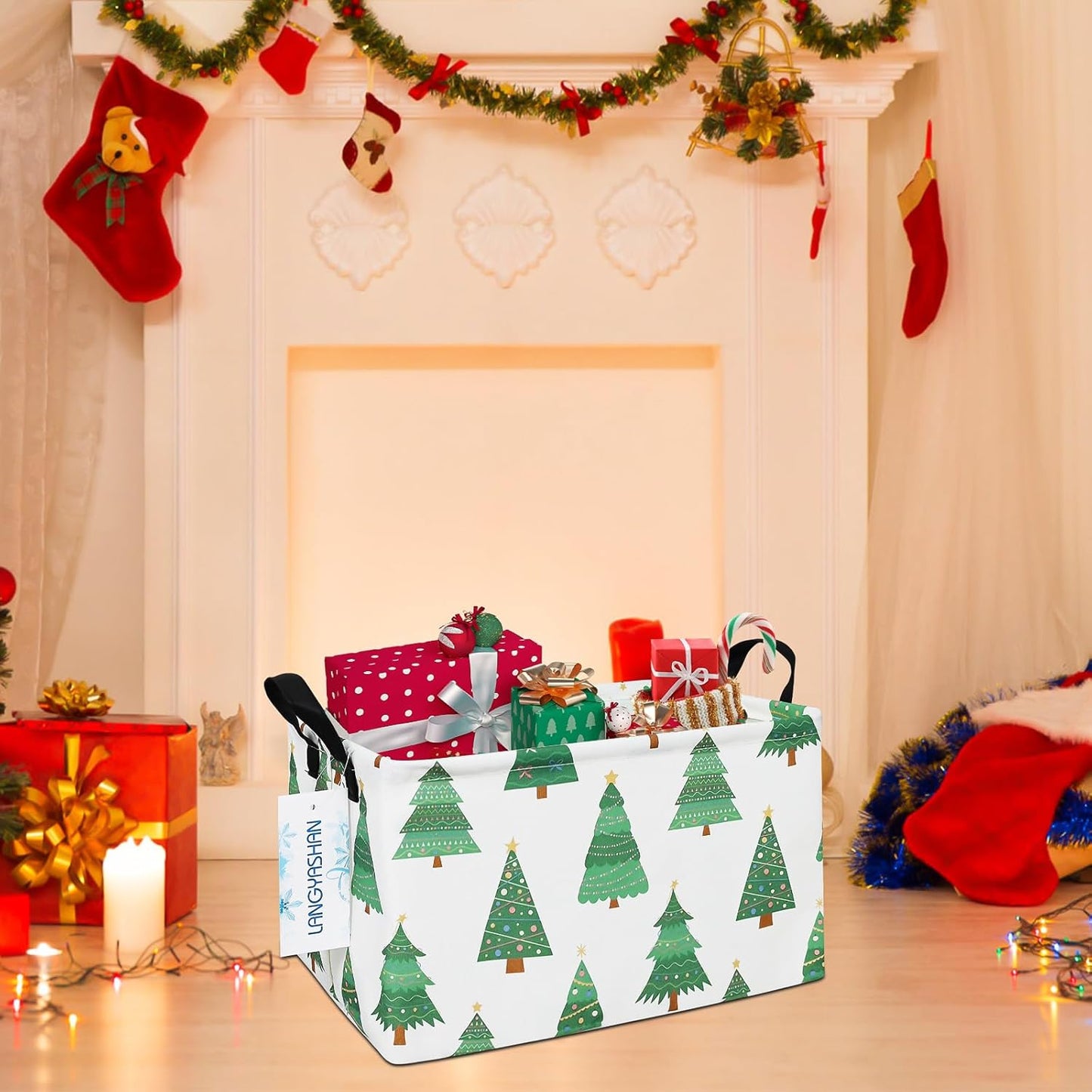 LANGYASHAN Rectangular Storage Bin Collapse Canvas Fabric Cartoon Storage Basket with Handles for Organizing Home Kitchen Boys and Girls Toys Office Closet Shelf Baskets (Rec christmas tree)
