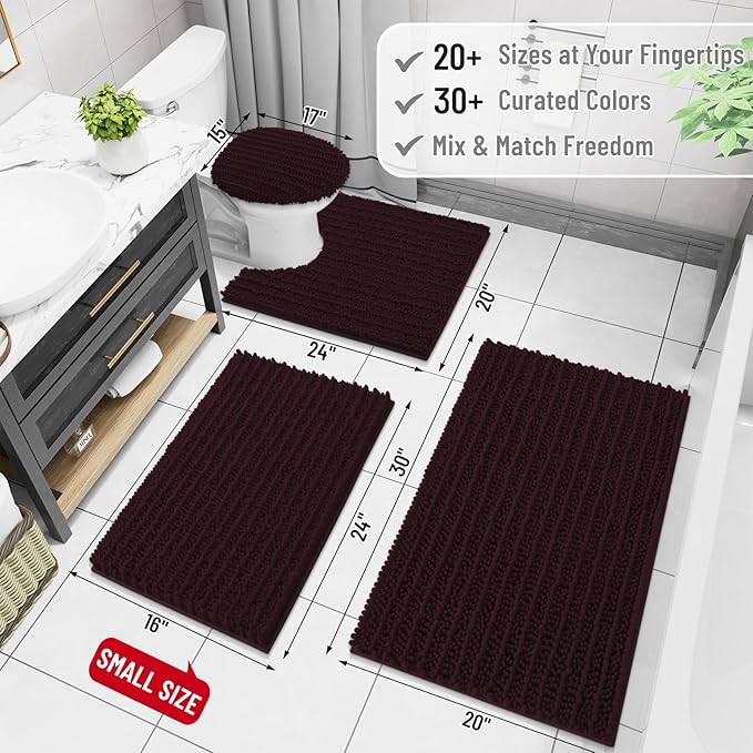 Arotive Luxury Chenille Bathroom Rug Mat, Extra Soft Thick Absorbent Shaggy Bath Rugs, Non-Slip Machine Wash Dry, Plush Bath Mats for Bathroom, Shower and Tub, 30x20, Black Cherry