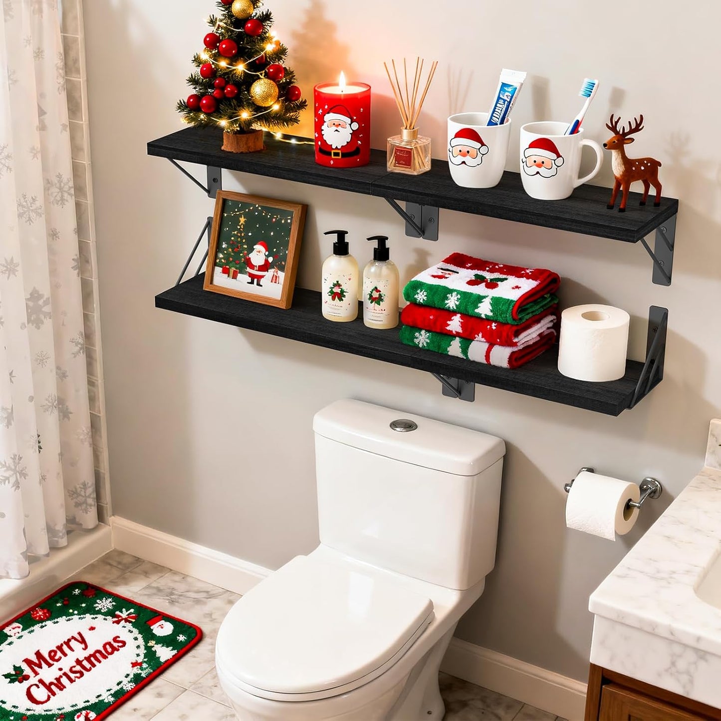 BAYKA Wall Mounted Floating Shelves, Wood Floating Wall Shelf for Books & Decor, Small Space-Saving Display & Organizer（Black，Set of 4）