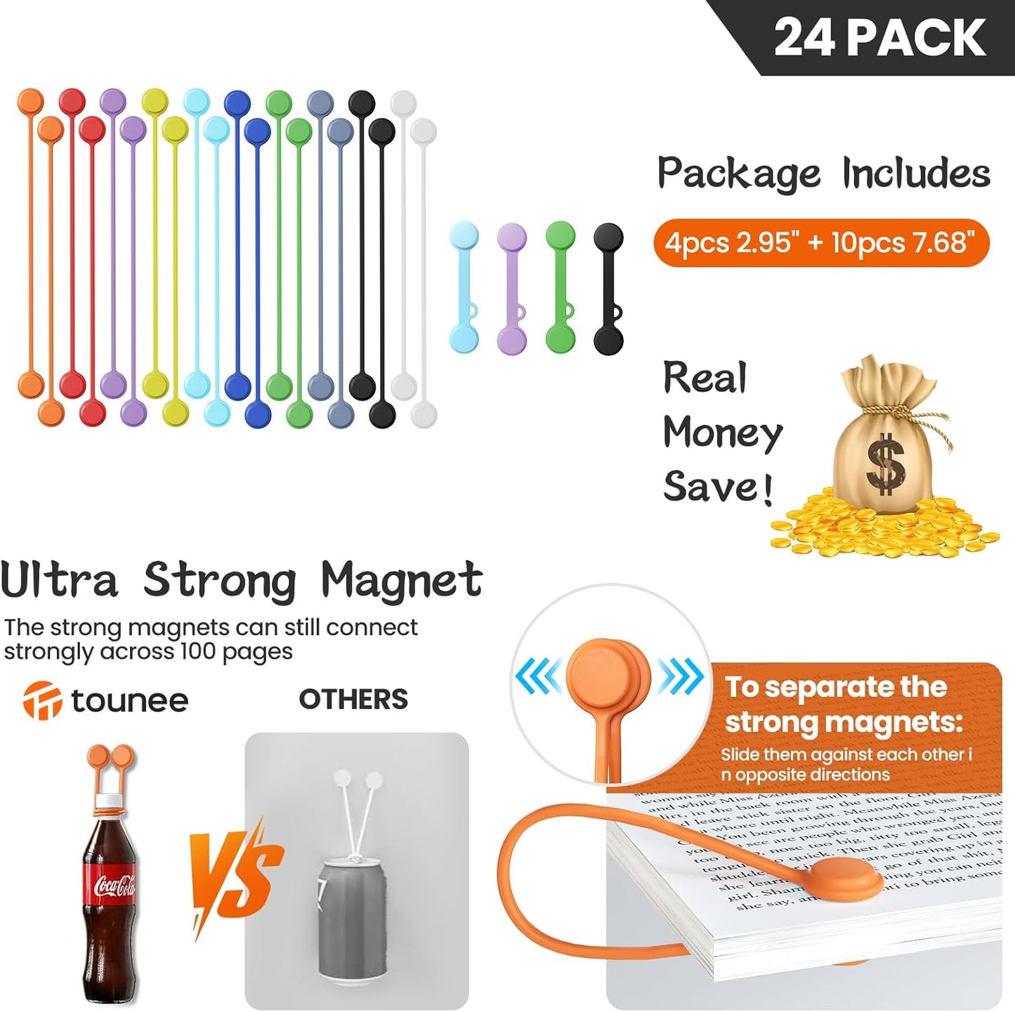 Reusable Silicone Magnetic Cable Ties - 2 Sizes Combo (4pcs 2.95'' + 4pcs 7.68'') - Multi-Purpose for Cable Bundling, Organizing, Bookmarks & Fridge Magnets - Assorted Colors, 8-Pack