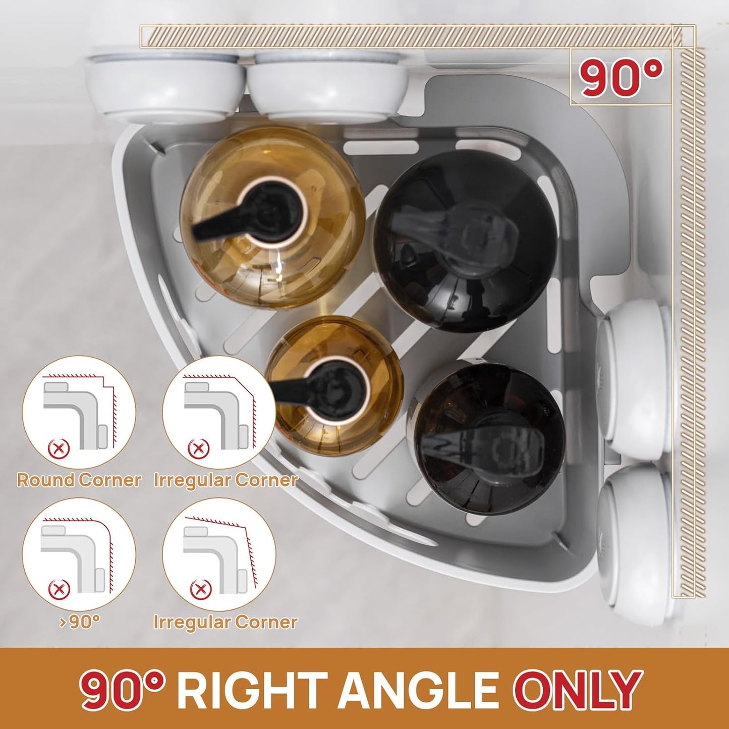 LEVERLOC Corner Shower Caddy Suction Cup, shower shelves suction cup, 2 Pack Basket Powerful Bathroom, Waterproof & Oil-proof Organizer for Kitchen, No-Drilling Removable (Grey)