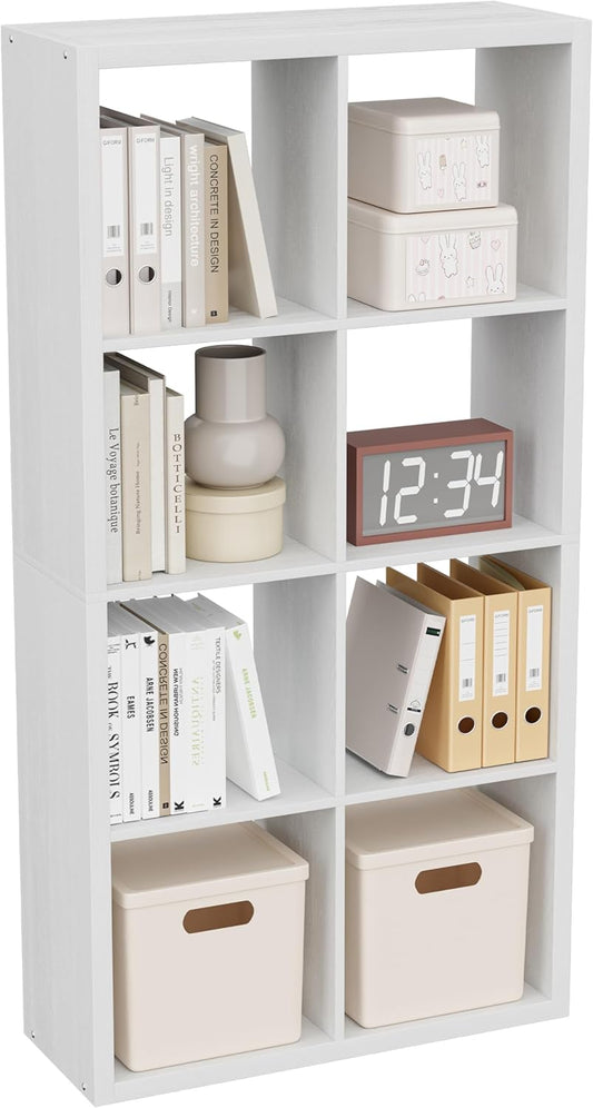 Cube Storage Organizer Bookcase, Decorative 11 inch Open Back Cubical Shelf with Thickened Border, Display Bookshelf for Living Room, Home Office, Sturdy Room (White, 8 Cube)