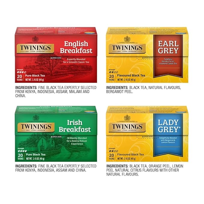 Twinings Variety Pack Black Tea Bags, 20 Count (Pack of 4), Includes English Breakfast, Earl Grey, Irish Breakfast, and Lady Grey, Caffeinated, Enjoy Hot or Iced, 80 Teabags