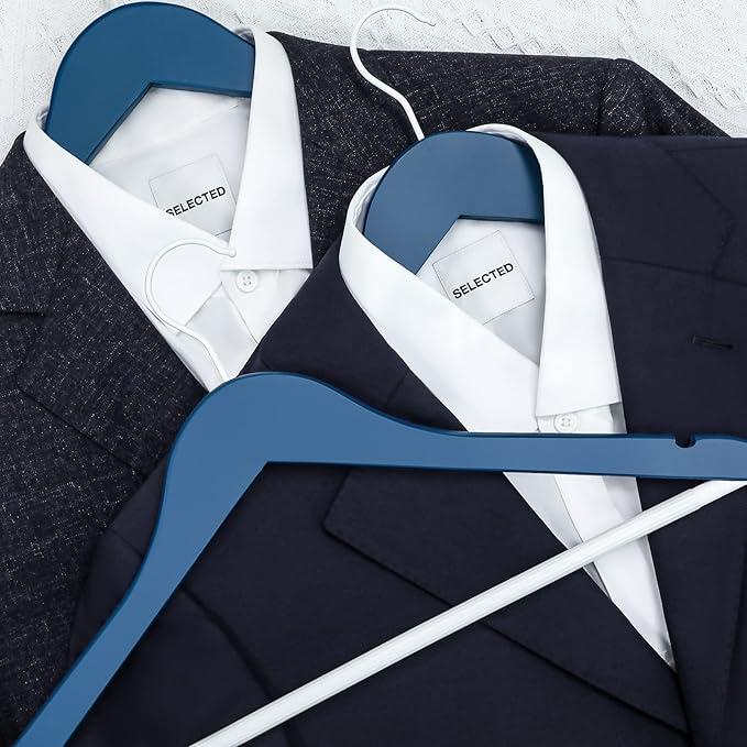 TOPIA HANGER Premium Wooden Hangers with Non-Slip Pant Bar, 360°Swivel Hook and Shoulder Notches, 16 Pack Solid Wood Clothes Hangers for Suit, Coat, Jacket, Camisole(Blue/White)-CT35BW1