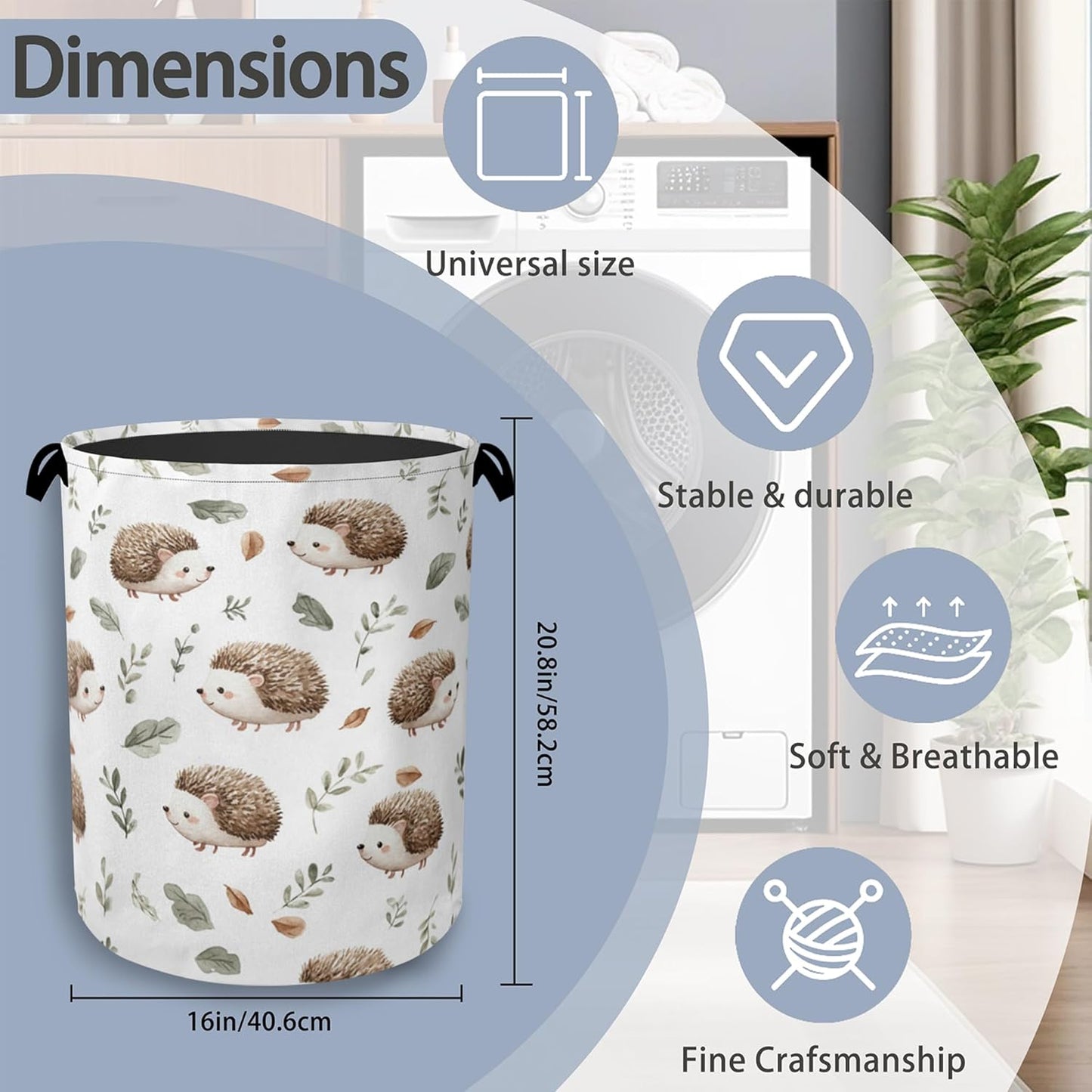 Hedgehog Laundry Hamper,Plant Leaf Dirty Clothes Laundry Basket with Handles Waterproof Oxford Cloth Storage Basket for College Dorms Bathroom Bedroom 16" x 20.8"