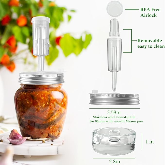 4 Pack Fermentation Kit, Stainless Steel Fermentation Lids and Glass Weights for 86MM Wide Mouth Mason Jars (No Jars)