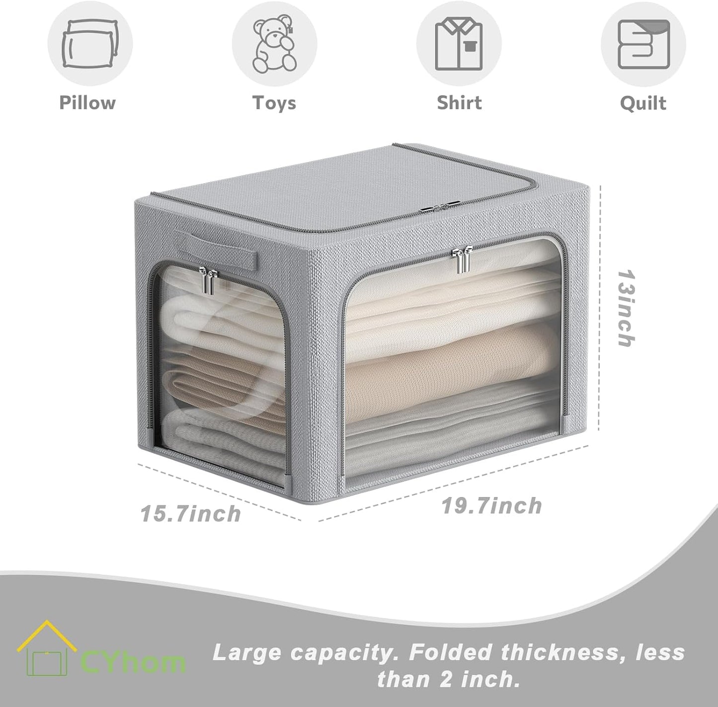 CYhom 3Pack Classic Stackable Foldable Storage Bin - Metal Frame Storage Box with Clear Window, Carry Handles (66L-19.7x15.7x13in, Light Grey)