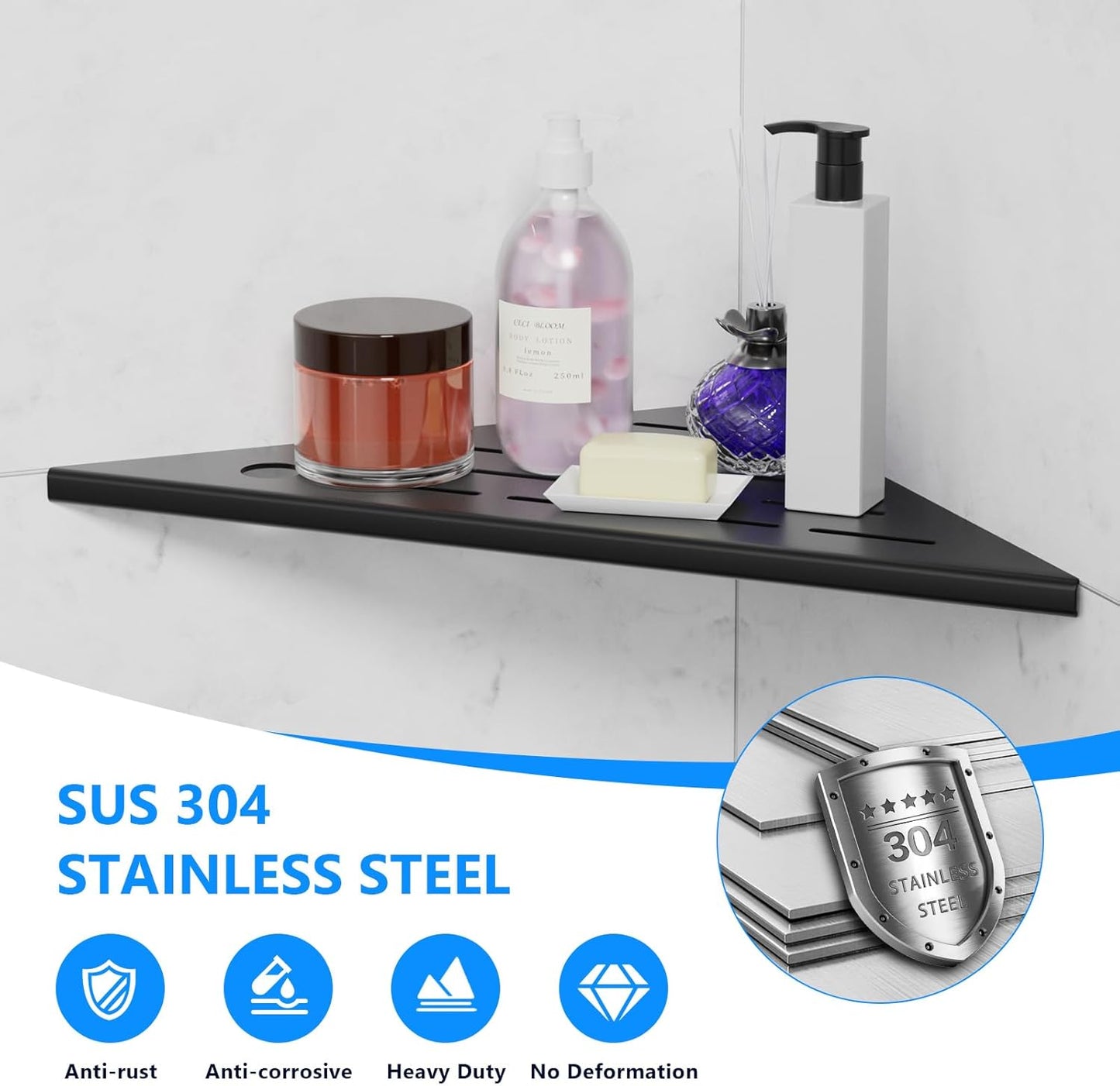 10" Corner Shower Shelves, 2-Pack Matte Black 304 Stainless Steel Shower Shelf with Razor Hole, Rustproof Shower Shelf for Inside Shower, Modern Shelves for Tile Walls, Bathroom Organizer (Black)