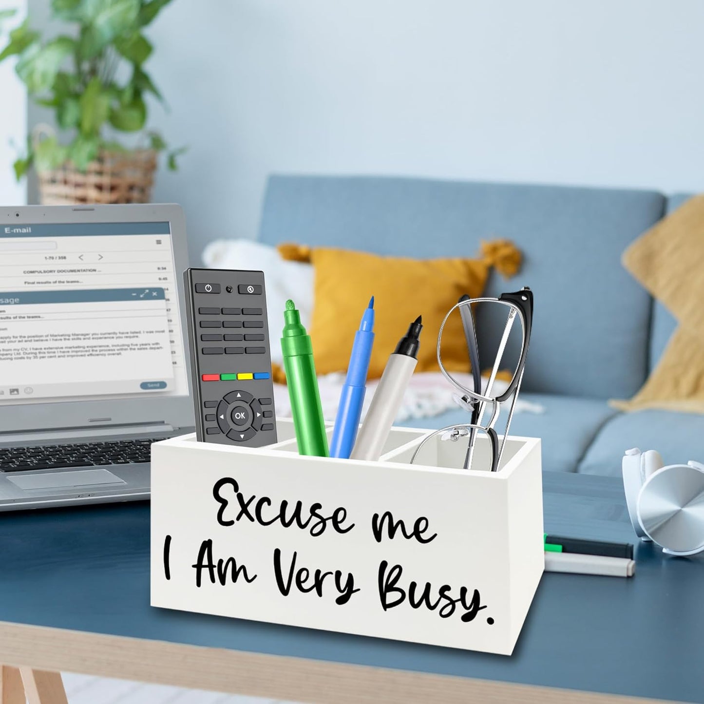 Funny Pen Pencil Holder Organizer for Desk, Funny Office Decor, Excuse Me I Am Very Busy Wooden Box Signs Decorations for Home Workplace Office Desk Tabletop