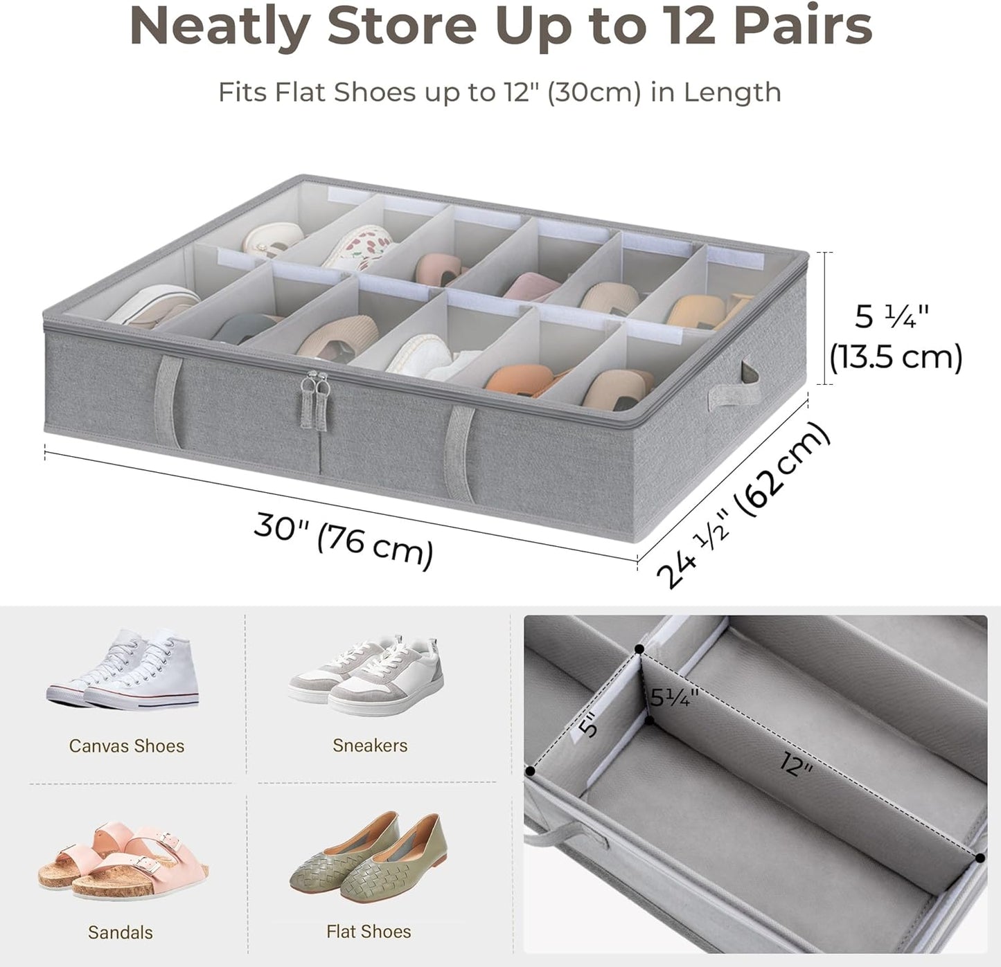 StorageWorks Shoe Organizer Under Bed for Closet, 2-Pack Ultra-thick Fabric Shoe Storage Containers with Bottom Support and Adjustable Dividers, Fits up to 24 Pairs, Grey