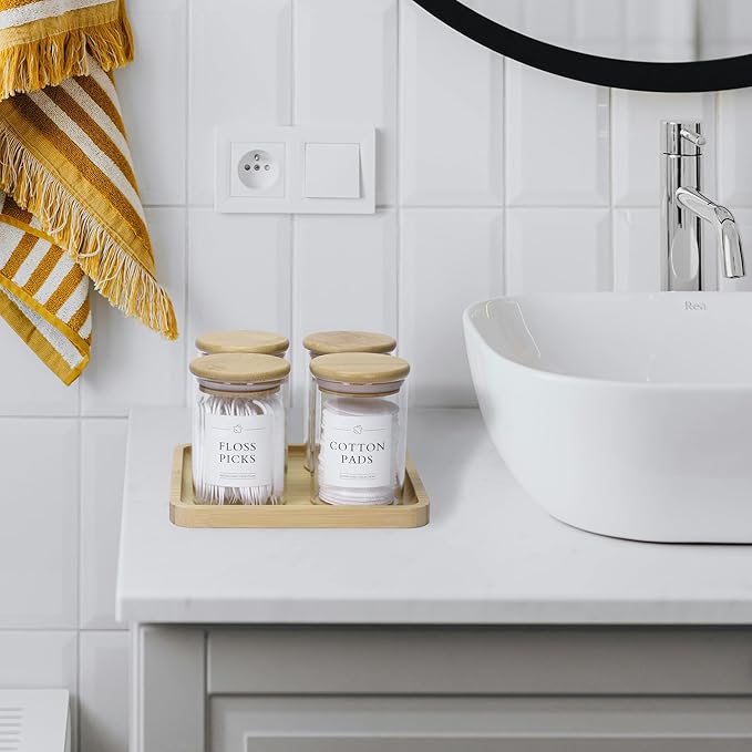 Qtip Holder with Vanity Tray - 4 Pack Glass Apothecary Jars with Lids, Cotton Ball Swab Pad Floss Pick Holder, Bathroom Organizers Jars Containers Canisters Accessories Set
