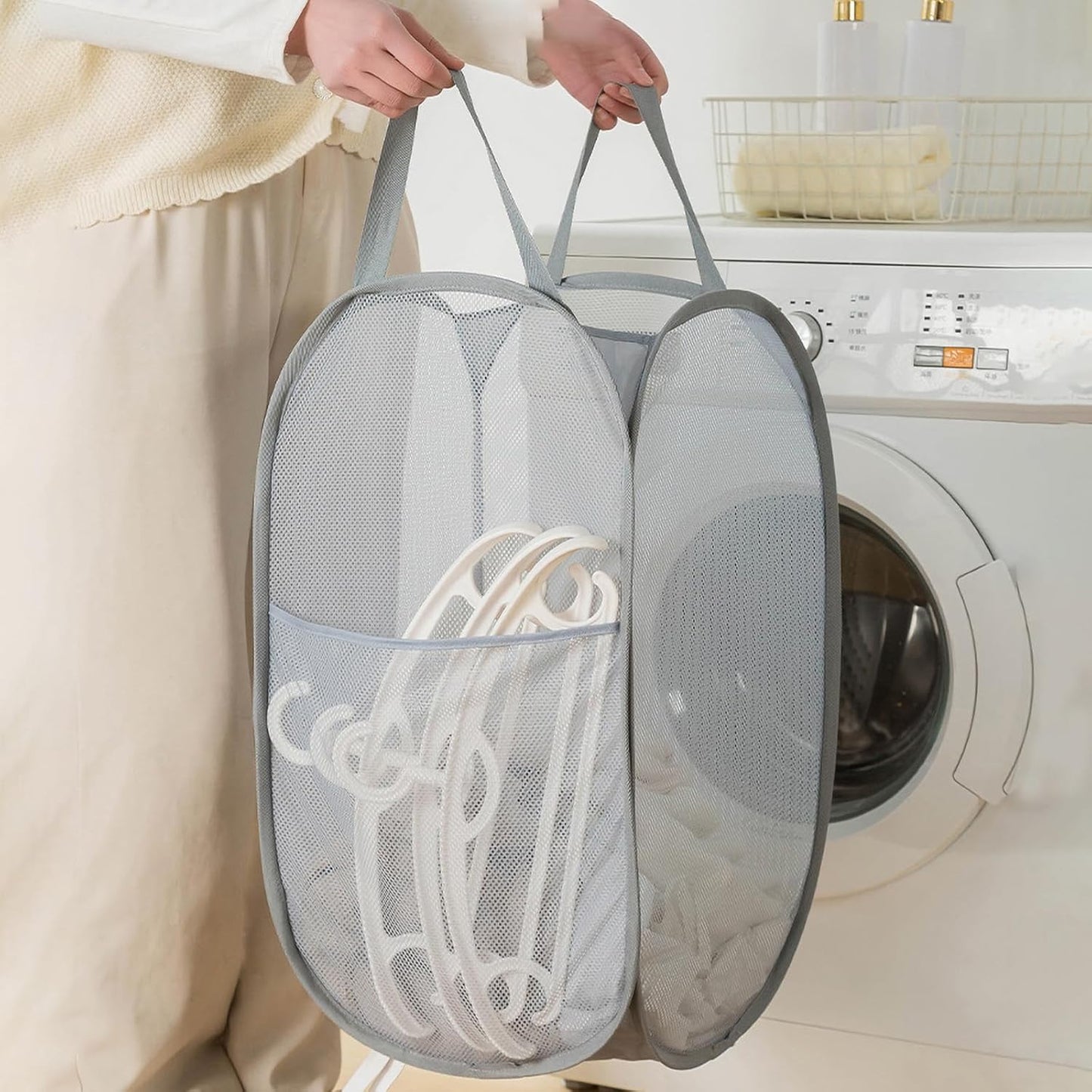 Foldable Mesh Popup Laundry Hamper,Laundry Basket Easy to Open and Fold for Dorm,Travel, College Dorms, and More (2 light gray)