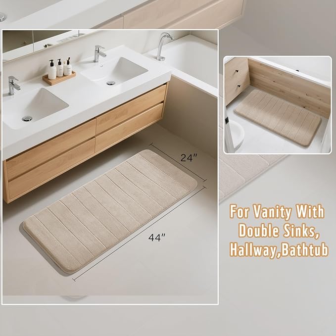 Yimobra Long Bath Mat 44"x24", Super Soft Quick Dry Memory Foam Bathroom Rug, Water Absorbent, Non Slip Backing Machine Washable for Tub Shower, Thick Comfort Support, Beige