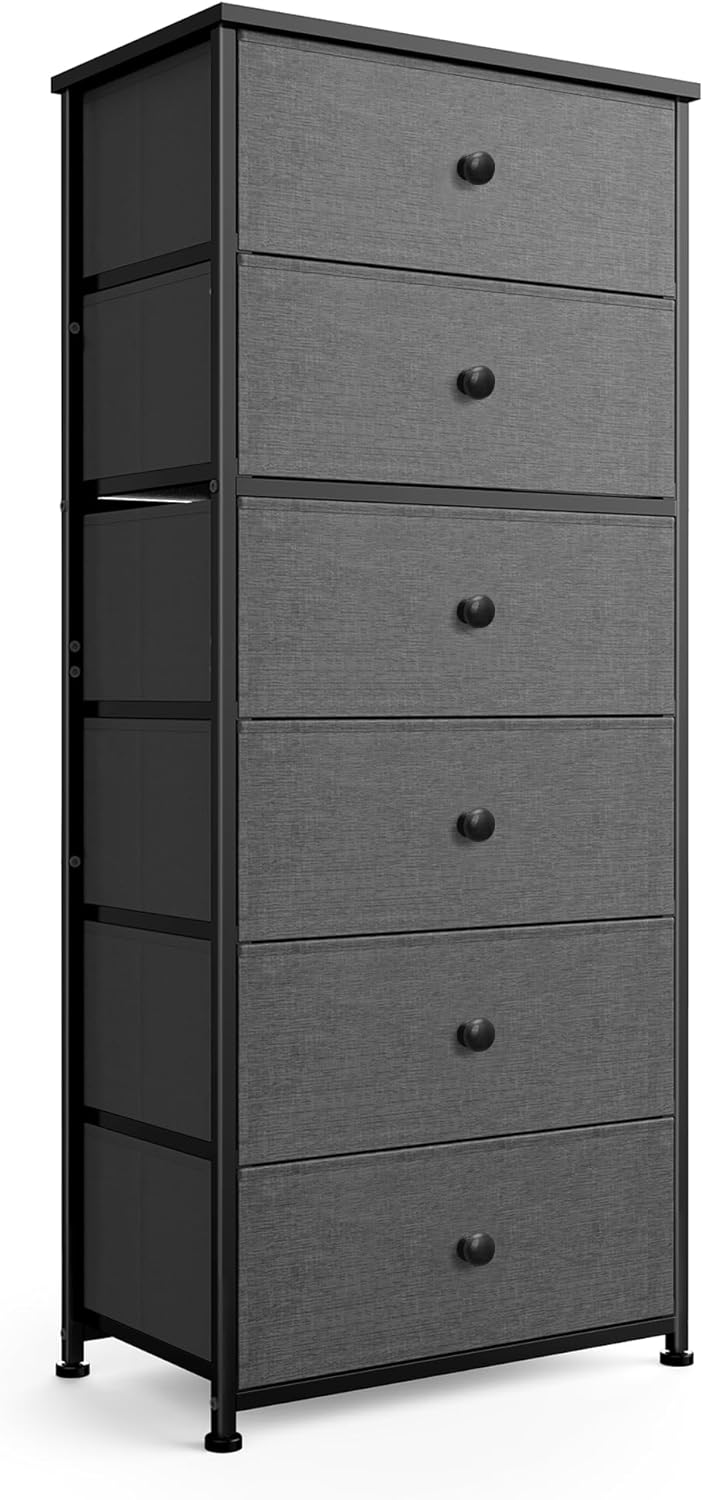 Tall Fabric Dresser for Bedroom, Wide Vertical Storage Organizer Tower with 6 Drawers, Chest of Drawers with Bins, Steel Frame, Wood Top for Bedroom, Closet, Entryway Black