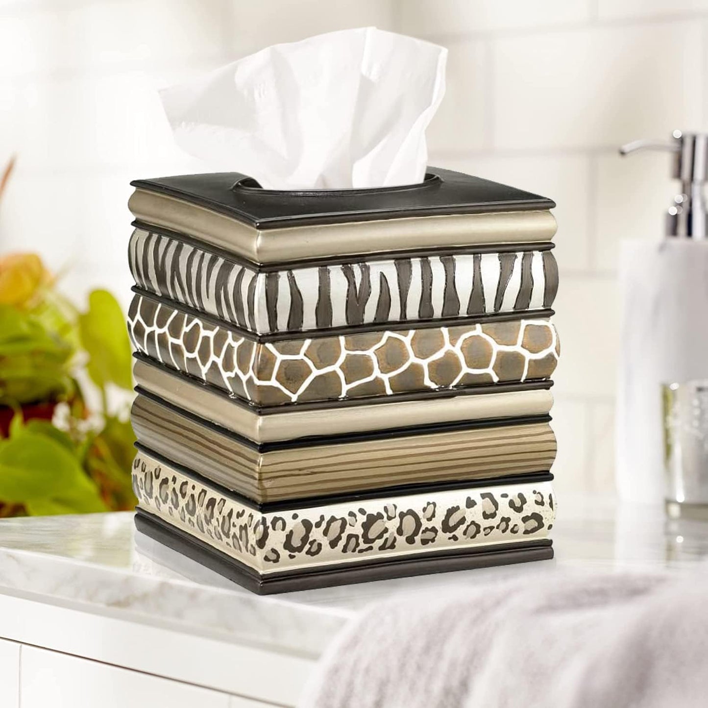 Zahari Home 2pc Safari Stripes Modern Bath Accessories Set Waste Basket & Tissue Box Modern Classic Contemporary Decorative Beautiful Designs Bathroom Decor Set for Home Luxury Bathroom Sets