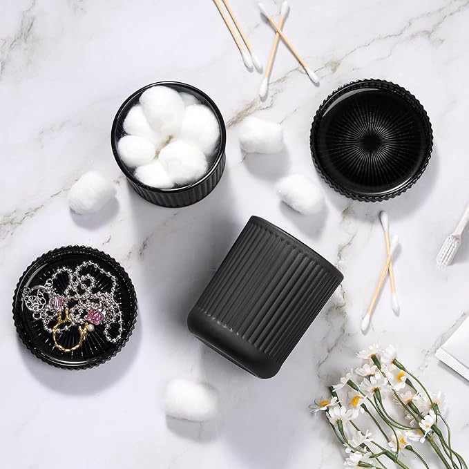 Glass Bathroom Organizer Set for Men, 2 Pack Bathroom Accessories, Bathroom Decor for Cotton Swabs, Cotton Balls, Pads, Floss Picks – Husband Birthday Gift Ideas, Gifts for Men(Black)