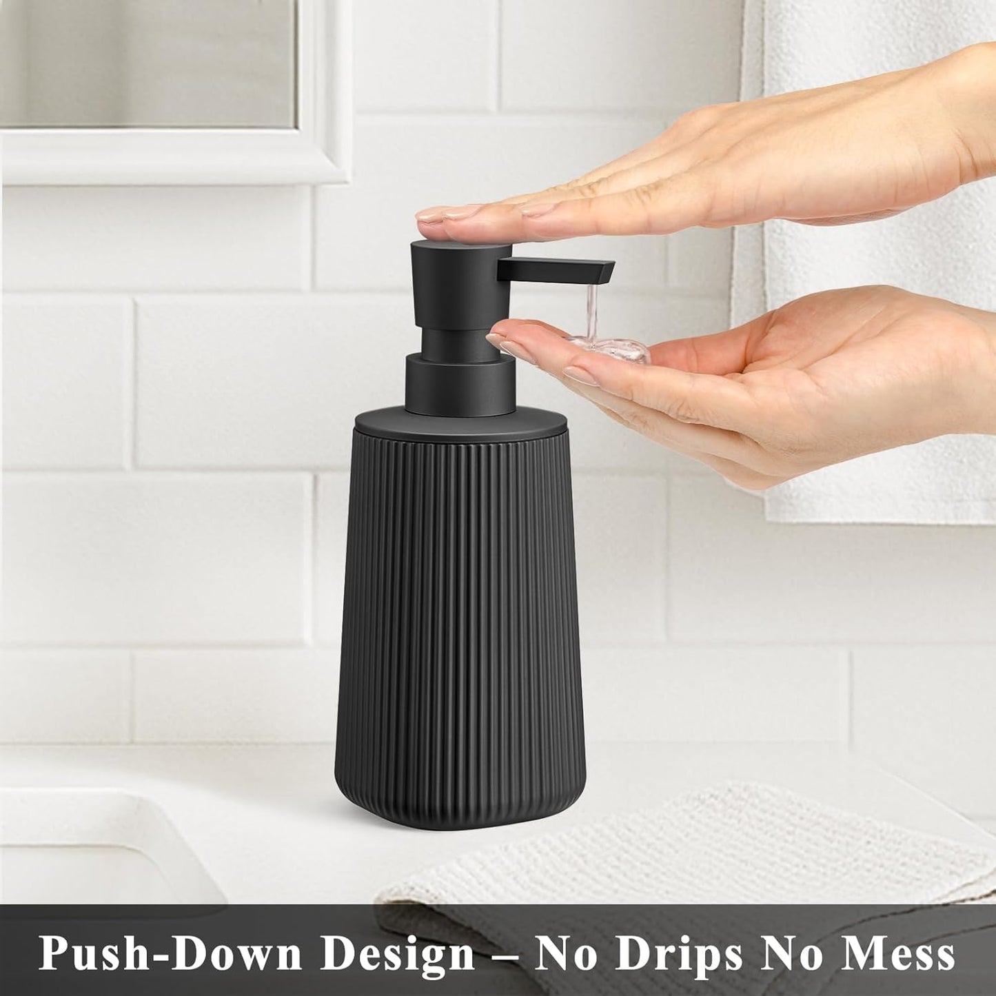 Black Hand Soap Dispenser with No Rust Pump for Bathroom and Kitchen Countertops Refillable Striped Matte Plastic 8.5 oz