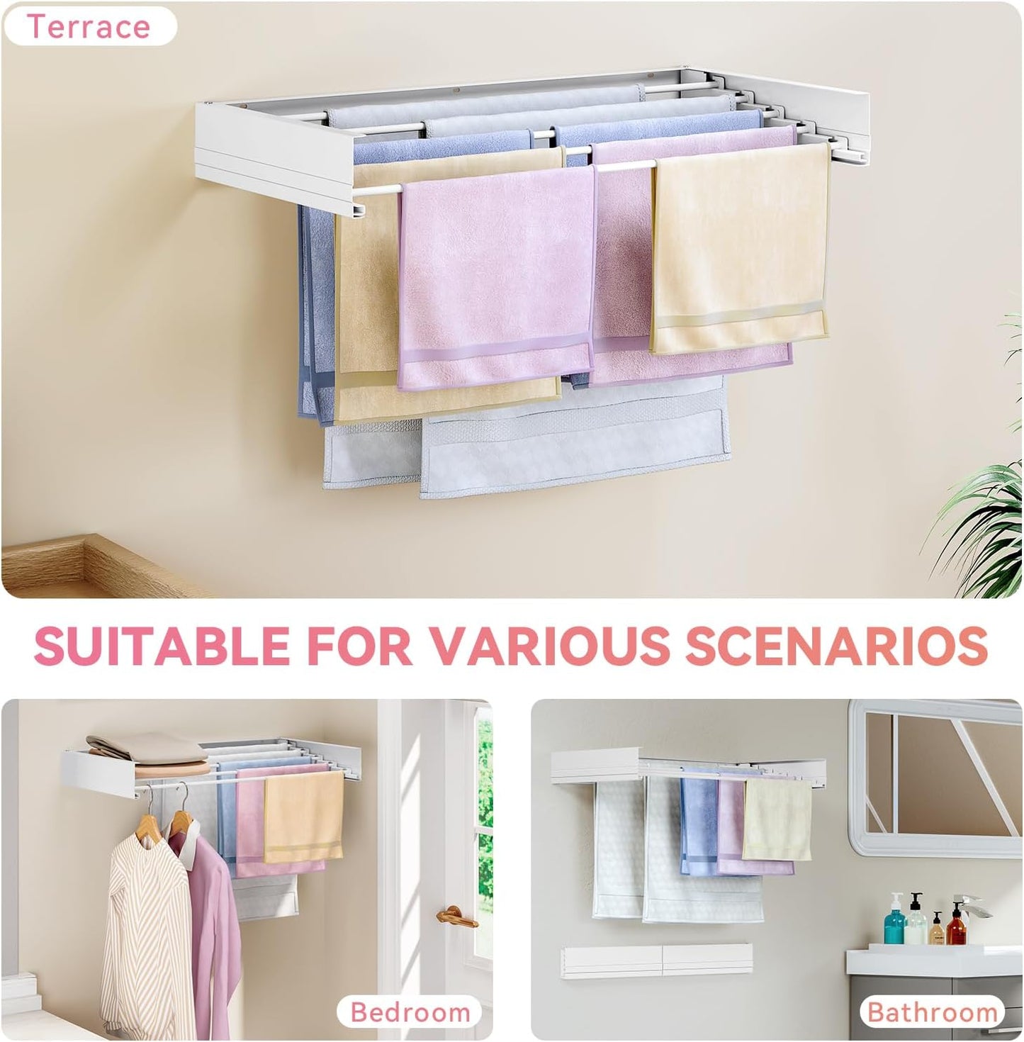 APEXCHASER Wall Mounted Clothes Drying Rack Laundry Drying Rack Retractable, Towel Racks for Bathroom Balcony Laundry Room Wall Mount, Foldable Drying Rack for Clothing, 31.5", White