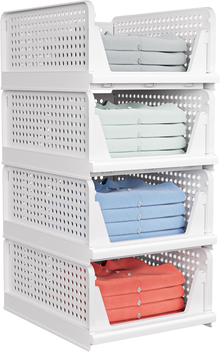 4 Pack Stackable Closet Storage Basket - Stackable Storage Bins, Multifunctional & Foldable Closet Organizer, Wardrobe Cupboard Space-Saving Clothes Storage Hat Organizer, White