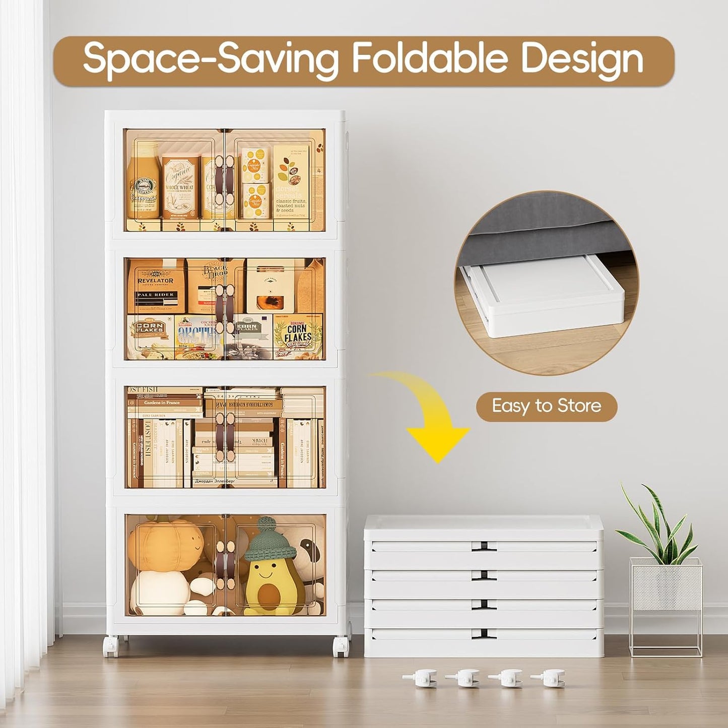 JEKO&JEKO 247Qt Stackable Storage Bins with Lids and Wheels, Foldable Collapsible Plastic Boxes for Clothes, Home, White, 4 Pack