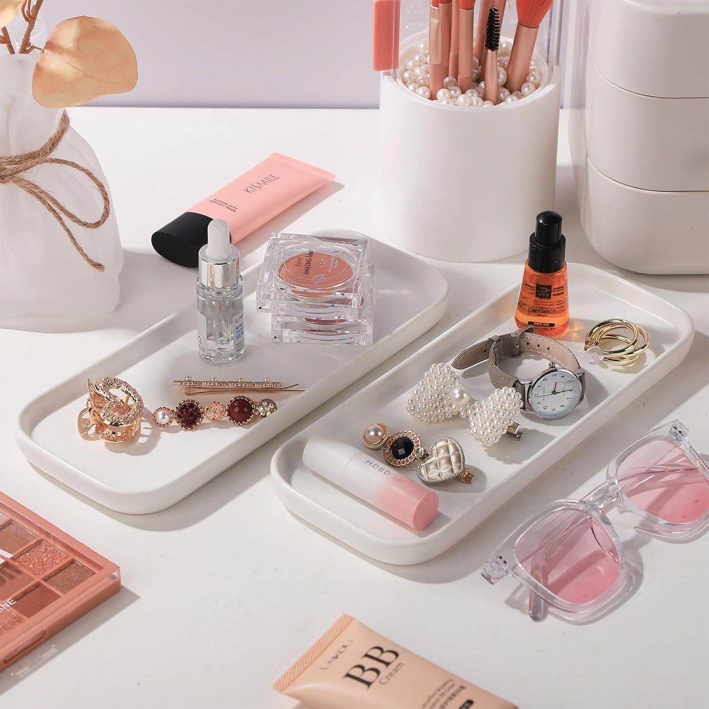 VanEnjoy Set of 2 White Ceramic Tray for Kitchen Counter, White Vanity Tray for Bathroom Counter, Long Narrow Tray for Soap Bottles