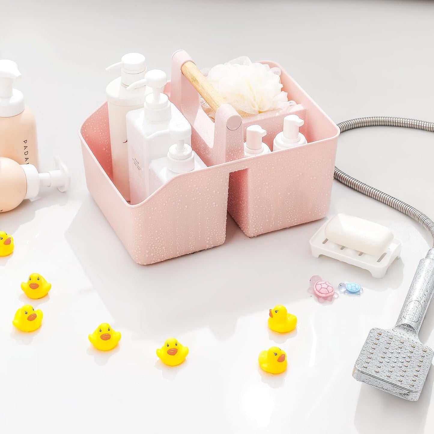 rejomiik Portable Shower Caddy Basket with Bamboo Handle, Plastic Cleaning Caddy Bathroom Organizer Tote for College Dorm Essentials, Bath Toy Storage, Pink