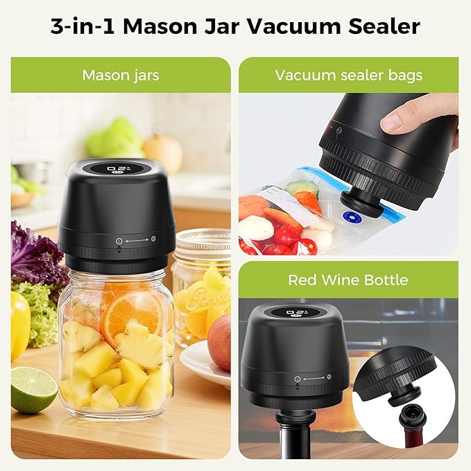 Upgraded Electric Mason Jar Vacuum Sealer, 3-in-1 Automatic Vacuum Sealer Kit for Canning with Wide and Regular Mouth Mason Lids, Portable Mason Jar Sealer for Vacuum Bag, Gifts for Mom