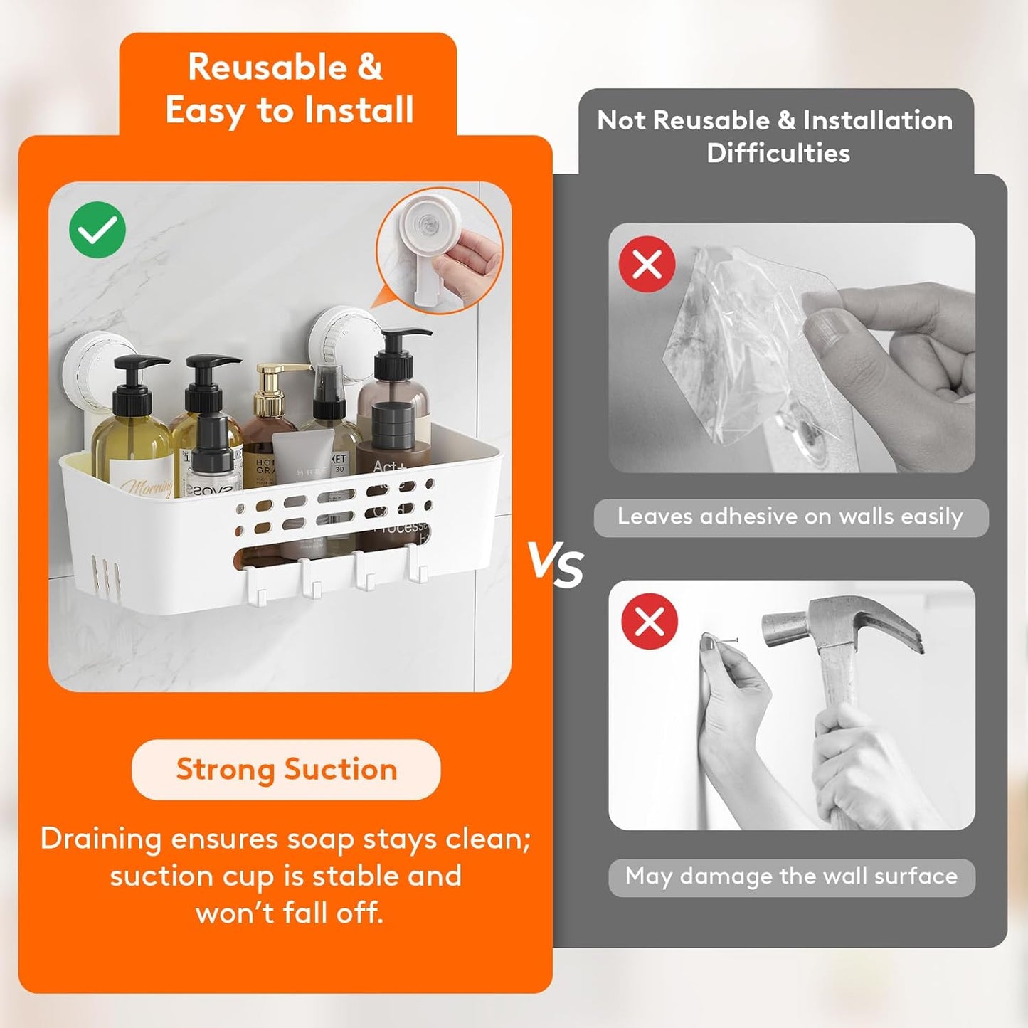 Lifewit Shower Caddy Suction Cup, 12.4inch Large Removable Shower Shelves for Inside Shower, NO-Drilling Bathroom Organizers and Storage Rack for Shampoo Strong Vacuum Suction, 2 Pack