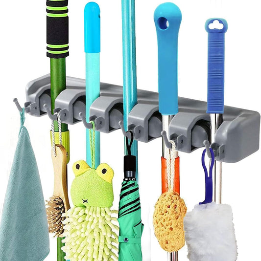 PP Plastic Multi-Function Broom & Mop Wall Mount Holder (16.9×3.35×2.36in, Gray) - Screw-Mounted Space Saver for Kitchen/Garage/Garden Tool Organization