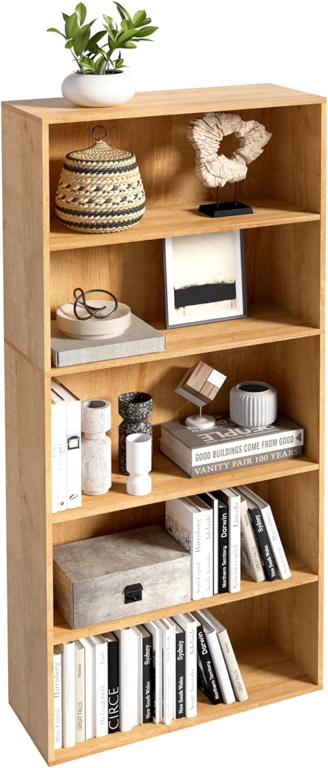 Wooden 5 Cube Storage Organizer,5 Tier Low Bookcase Storage Display Organizer, 54 Inch Versatile Cubes Shelf and Cubby Unit for Any Space (Natural Oak, 5 Cube-W(23.6inch)