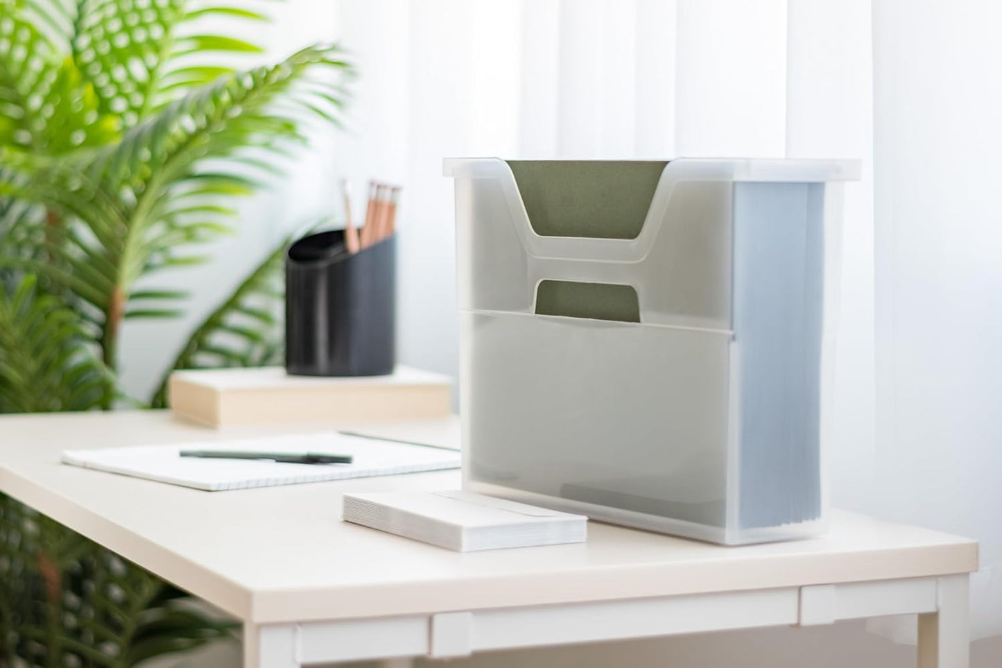 IRIS USA Small Portable Desktop File Box with Open Top, Side Handles, Hanging File Folders, Tabs & Inserts, Letter Size, For Magazines Newspapers Mail Books Notebooks Binder Homework, Clear