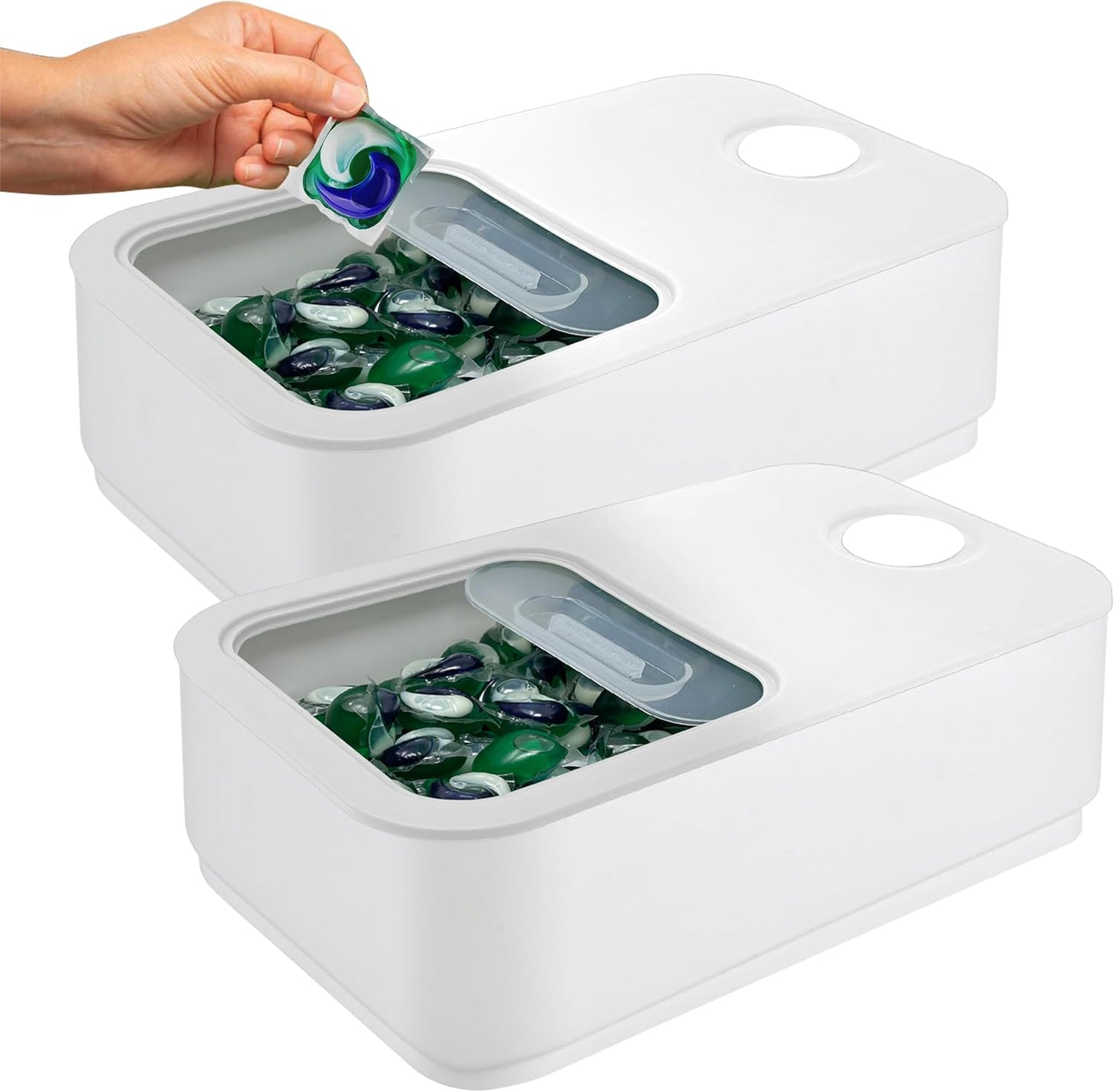 Skywin Large Laundry Pods Container with Slide Lid, 2 Pack Laundry Pod Holder 15 x 8.7 x 4.5 In, Holds 11 lbs OR 120-150 Pods (White)
