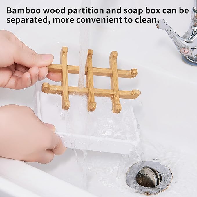 Bamboo Soap Dishes for Shower Wooden Soap Bar Holder for Bathroom Soap Tray Easy to Clean, Durable and with Non-Slip Pads(Two White Squares)