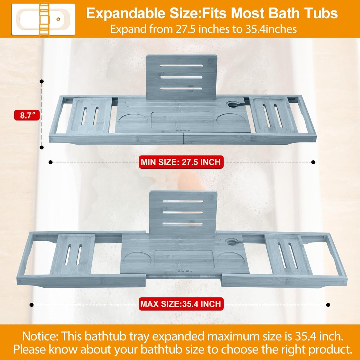 Bathtub Tray Caddy - Bath Tray - Bath Tub Tray Caddy - Bamboo Bath Tray for Tub - Expandable Size, Fits Most Tubs