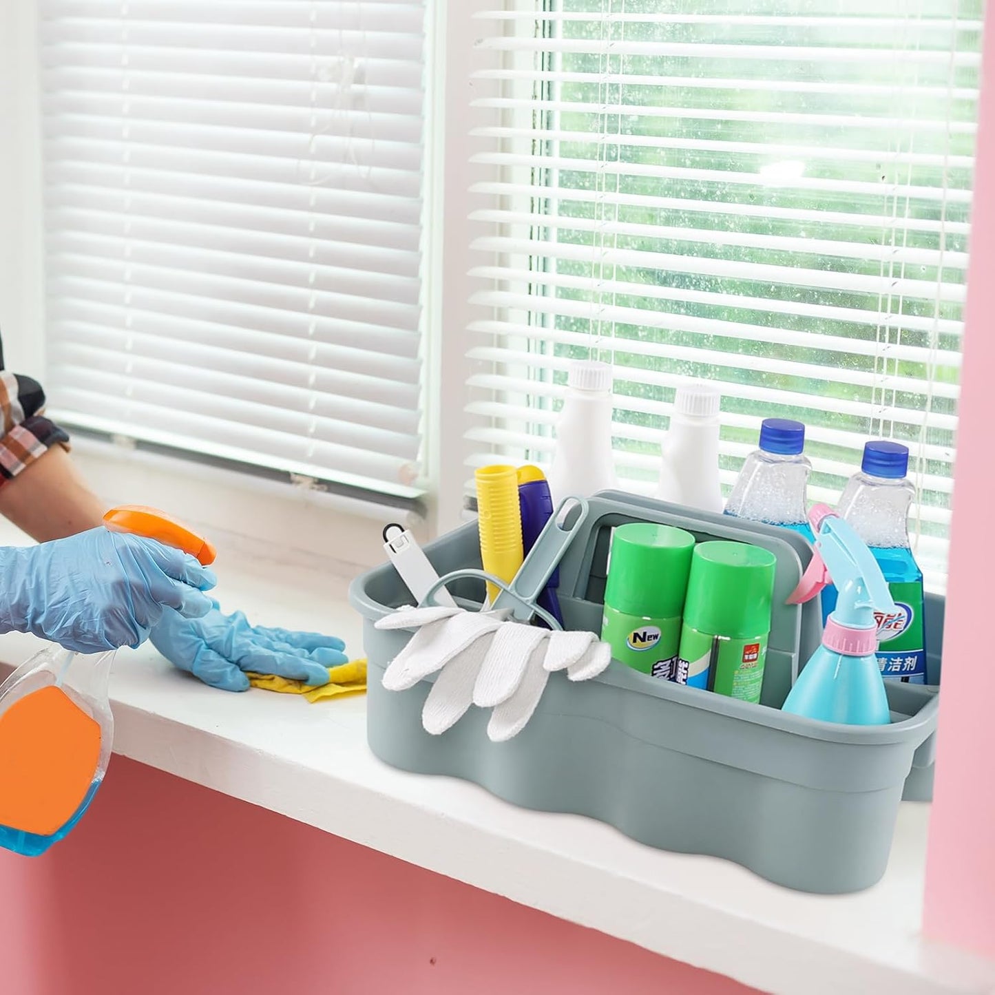 4-Pack Plastic Cleaning Caddy with Handle, Plastic Cleaning Tool Caddy, Gray