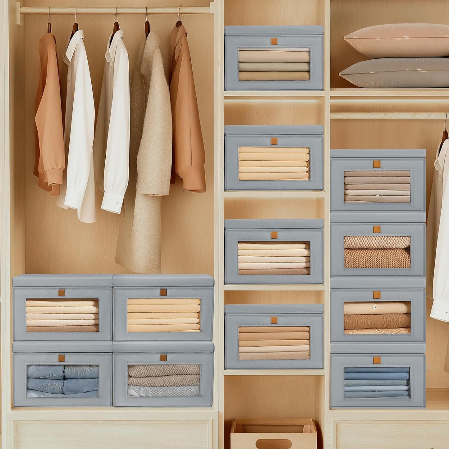 DIMJ Storage Bins with Lids - 4 Pack Large Fabric Closet Organizer with Window & Handles, Collapsible Decorative Storage Boxes for Shelves Under Bed, Books Clothes Blankets Sweaters Organization